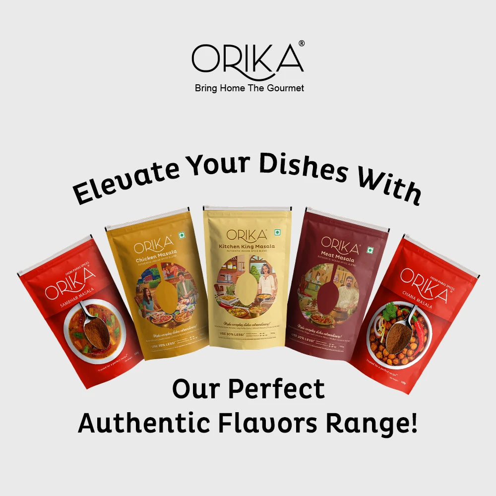 Five ORIKA spice packets on a light gray background with brand name and promotional text.