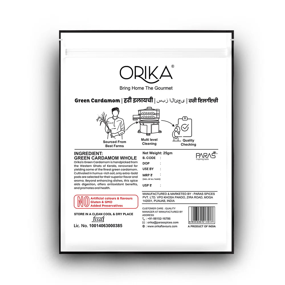 Orika Bold Green Cardamom Whole 25g | Bold Elaichi Green | No Artificial Colours or Preservatives