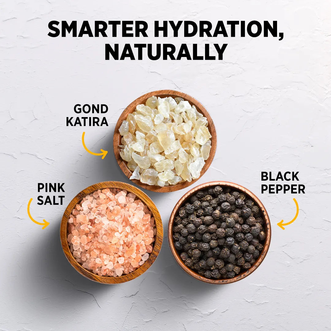 Orika Summer Hydration Trio | Gond Katira (80g), Pink Salt Grinder (100g) & Black Pepper Grinder (50g)