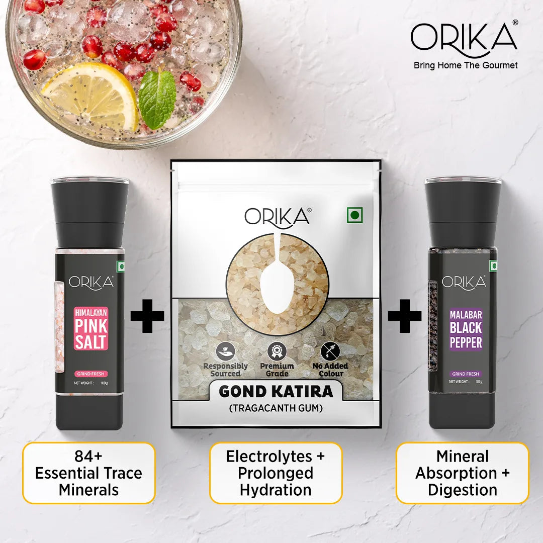 Orika Summer Hydration Trio | Gond Katira (80g), Pink Salt Grinder (100g) & Black Pepper Grinder (50g)