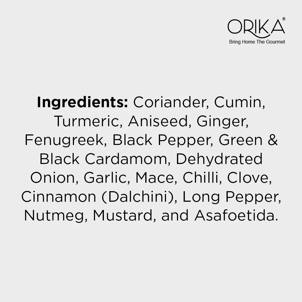 List of ingredients with Oriká logo on a white background