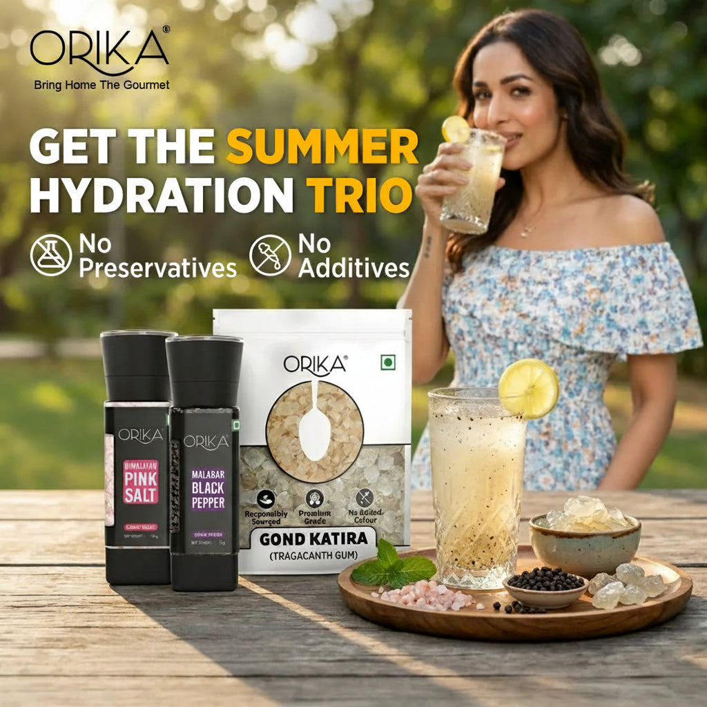 Orika summer hydration trio with gond katira, pink salt and black pepper with a woman drinking a beverage outdoors.