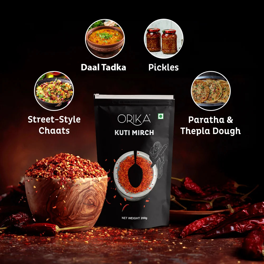 Orika Kuti Mirch (Crushed Red Chilli) | Coarsely Ground Authentic Red Chilli Flakes for Tadka, Pizza, Pasta, Indian & Global Cooking | 200g Pouch