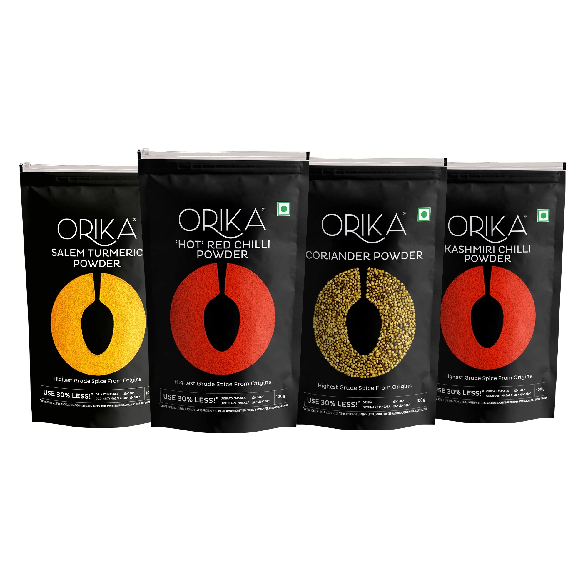 Orika Salem Turmeric, Hot Red Chilli Powder, Kashmiri Red Chilli Powder, Coriander Powder 100 Gm Each