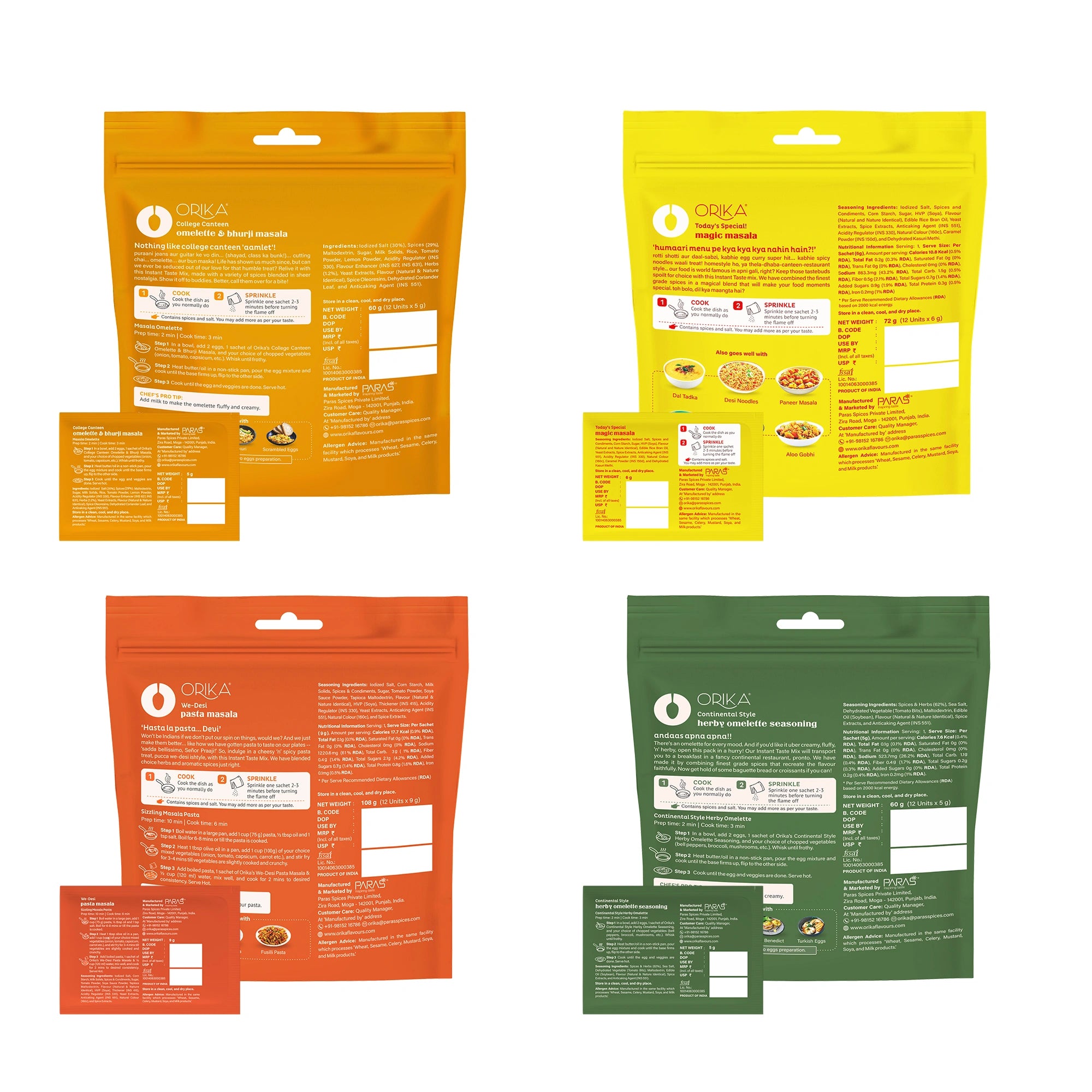 Combo Pack of 4 (College Canteen Omelette Masala + Herby Omelette Sesoning + We Desi Pasta Masala + Magic Masala)  12 Sachet Each