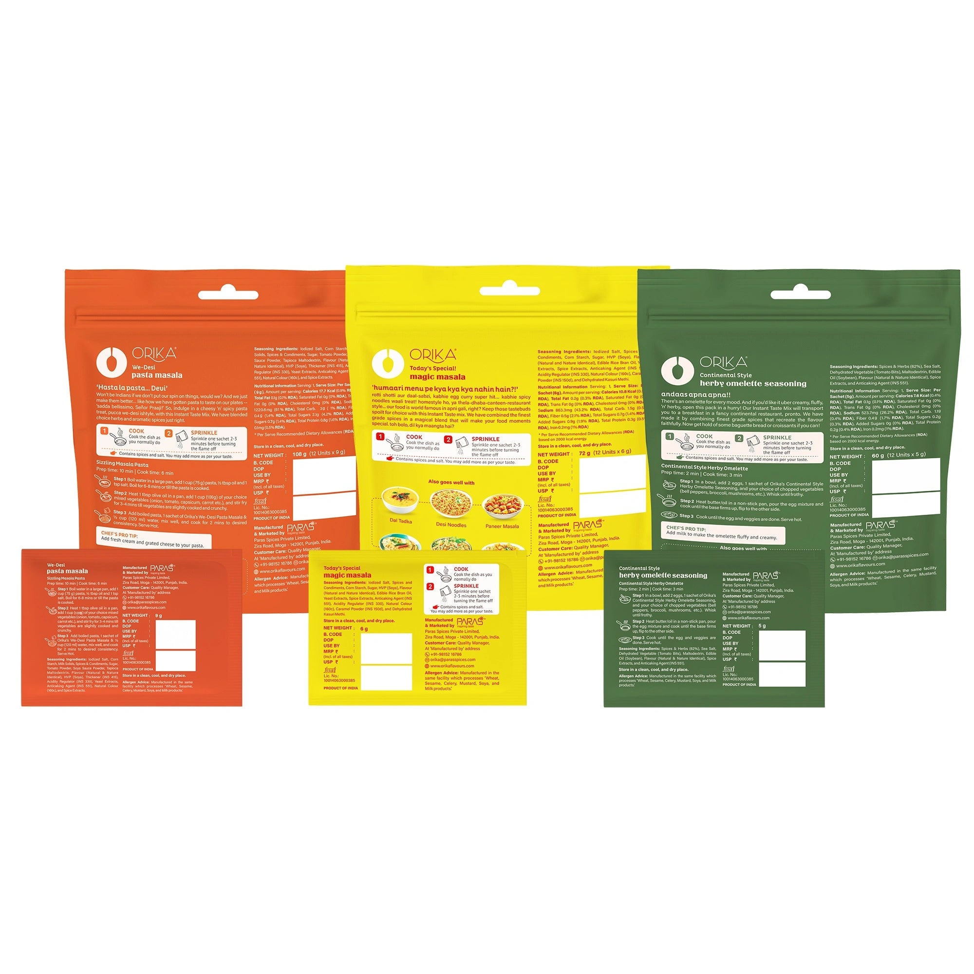 Instant We Desi Pasta Masala with Magic Masala & Herby Omelette Masala Combo - Pack of 3 (12 single use sachets in each Pack)