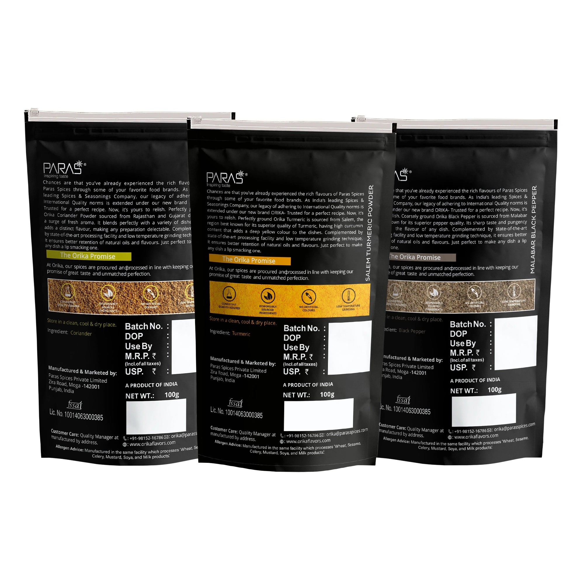 Orika Everyday kitchen essential (Malabar Black Pepper Powder, Salem Turmeric Powder, Coriander Powder), (Pack of 3, 100gms each)