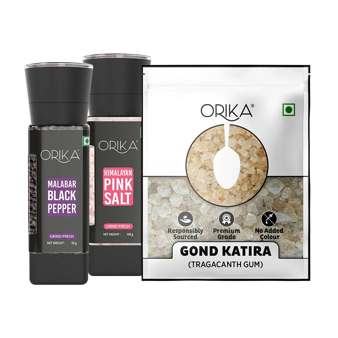 Orika Summer Hydration Trio | Gond Katira (80g), Pink Salt Grinder (100g) & Black Pepper Grinder (50g)