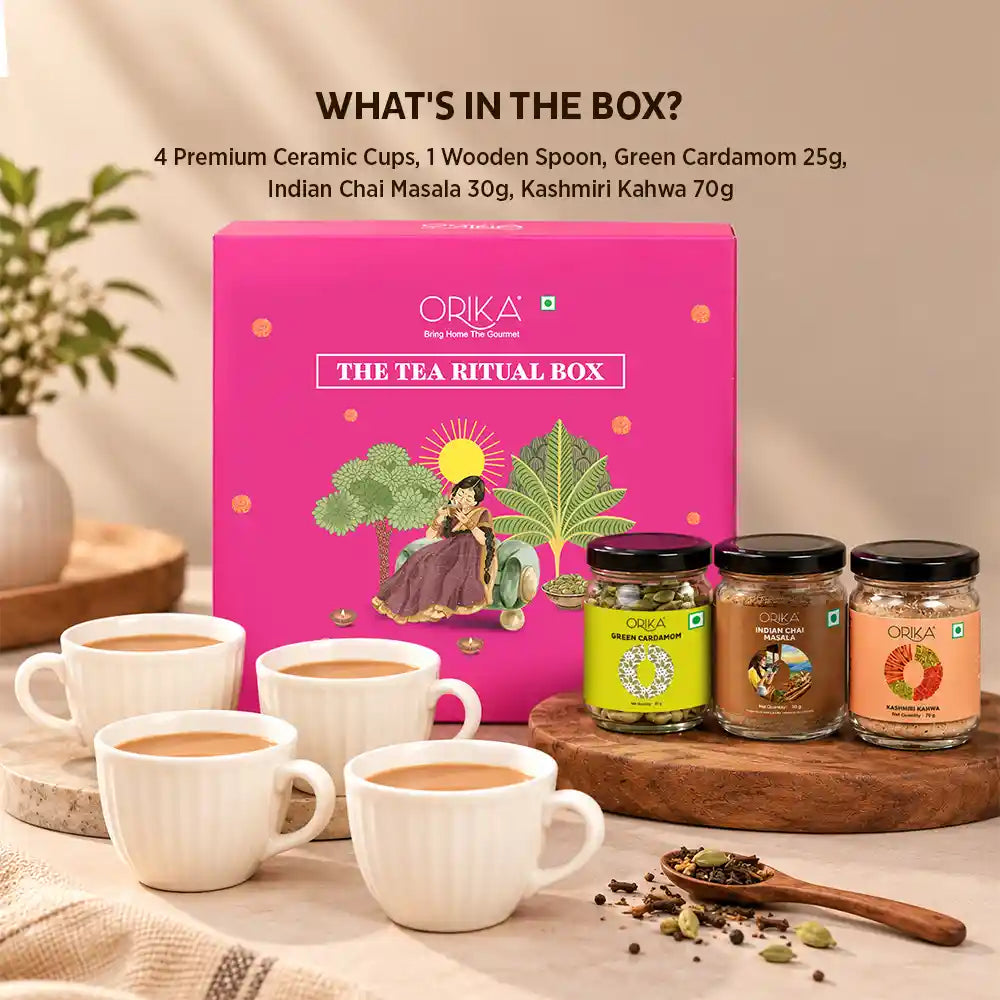 Orika Tea Ritual Box Gift Set | Festive Gift Box with 4 Ceramic Cups & Wooden Spoon