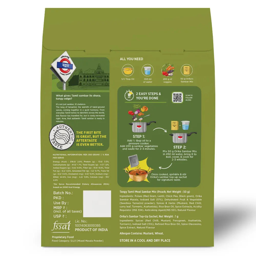 Orika Tangy Tamil Meal Sambar Mix Gravy Mix | Authentic South Indian Sambar | 51g