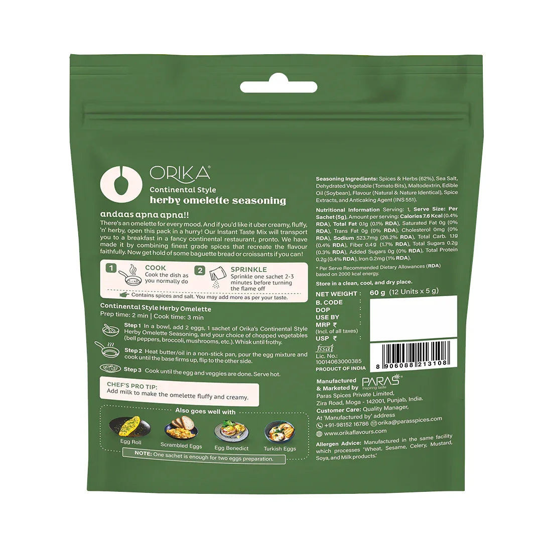 Continental Style Herby Omelette Seasoning-12 single use sachets - Orika Spices India