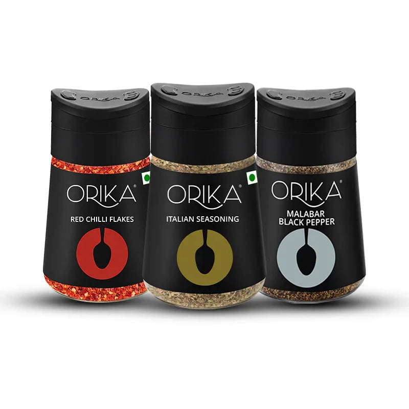 Orika combo pack of Malabar Black Pepper, Italian Seasoning & Red Chillli flakes Sprinklers (Pack of 3) - Orika Spices India