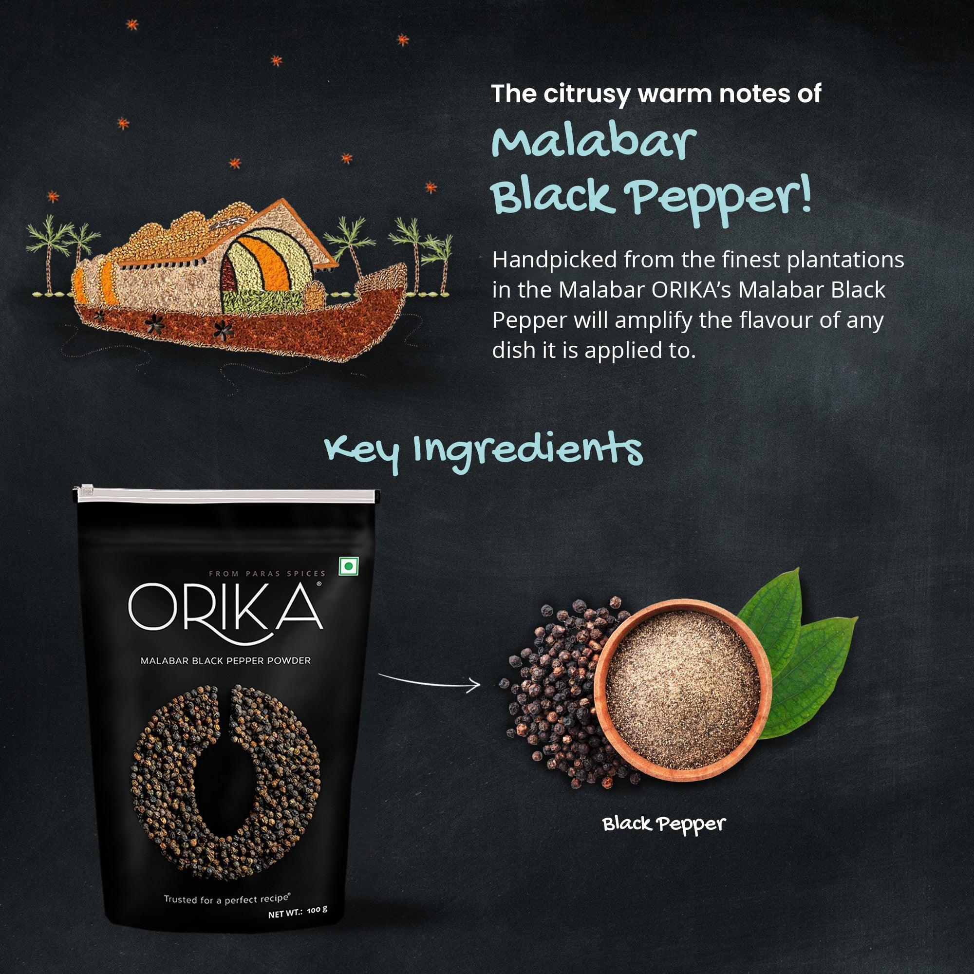 Orika Everyday kitchen essential (Malabar Black Pepper Powder, Salem Turmeric Powder, Coriander Powder), (Pack of 3, 100gms each) - Orika Spices India