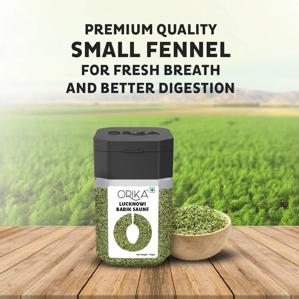 Orika Lucknowi Barik Saunf | Premium Fine Fennel Seeds for Mukhwas, Digestive, Cooking & Mouth Freshener | Aromatic & Flavourful – 100g Jar - Orika Spices India