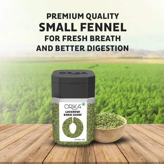 Orika Lucknowi Barik Saunf | Premium Fine Fennel Seeds for Mukhwas, Digestive, Cooking & Mouth Freshener | Aromatic & Flavourful – 100g Jar - Orika Spices India