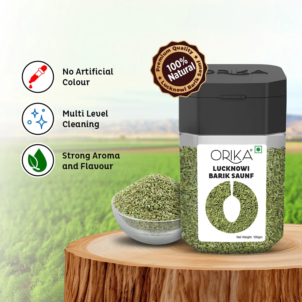 Orika Lucknowi Barik Saunf | Premium Fine Fennel Seeds for Mukhwas, Digestive, Cooking & Mouth Freshener | Aromatic & Flavourful – 100g Jar - Orika Spices India