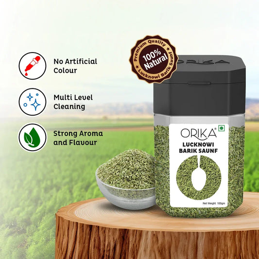 Orika Lucknowi Barik Saunf | Premium Fine Fennel Seeds for Mukhwas, Digestive, Cooking & Mouth Freshener | Aromatic & Flavourful – 100g Jar - Orika Spices India