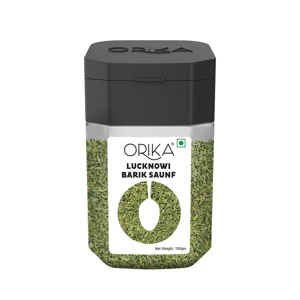 Orika Lucknowi Barik Saunf | Premium Fine Fennel Seeds for Mukhwas, Digestive, Cooking & Mouth Freshener | Aromatic & Flavourful – 100g Jar - Orika Spices India