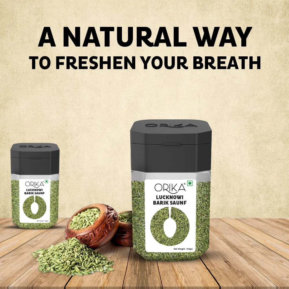 Orika Lucknowi Barik Saunf | Premium Fine Fennel Seeds for Mukhwas, Digestive, Cooking & Mouth Freshener | Aromatic & Flavourful – 100g Jar - Orika Spices India