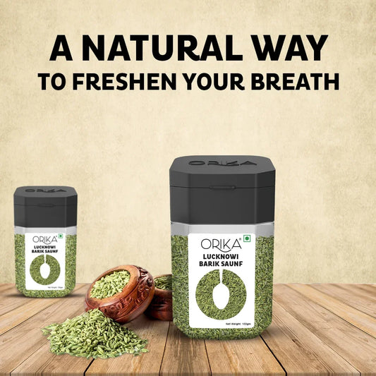 Orika Lucknowi Barik Saunf | Premium Fine Fennel Seeds for Mukhwas, Digestive, Cooking & Mouth Freshener | Aromatic & Flavourful – 100g Jar - Orika Spices India