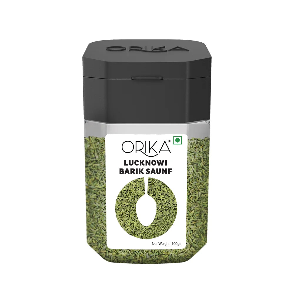 Orika Lucknowi Barik Saunf | Premium Fine Fennel Seeds for Mukhwas, Digestive, Cooking & Mouth Freshener | Aromatic & Flavourful – 100g Jar - Orika Spices India