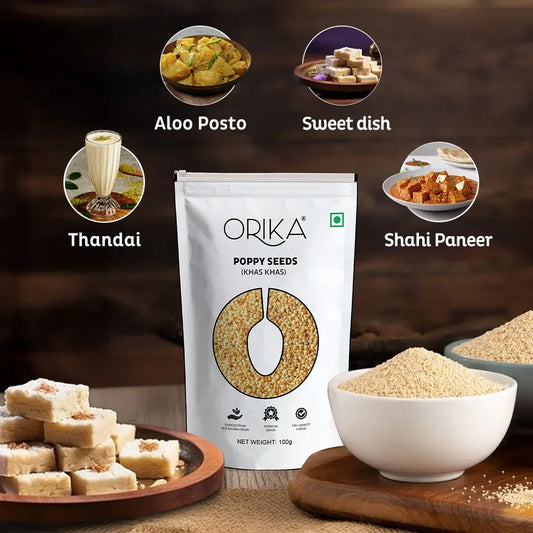 Orika Poppy Seeds (Khas Khas) | Unpolished & Cleaned White Khas Khas for Indian Cooking, Sweets & Curries – 100g Pouch - Orika Spices India