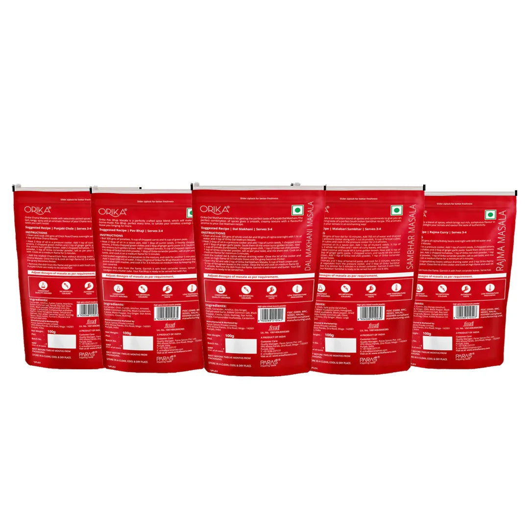 Orika Regional Speciality combo spices (Chana, Sambhar, Dal Makhni, Pav Bhaji, Rajma Masala) - Orika Spices India