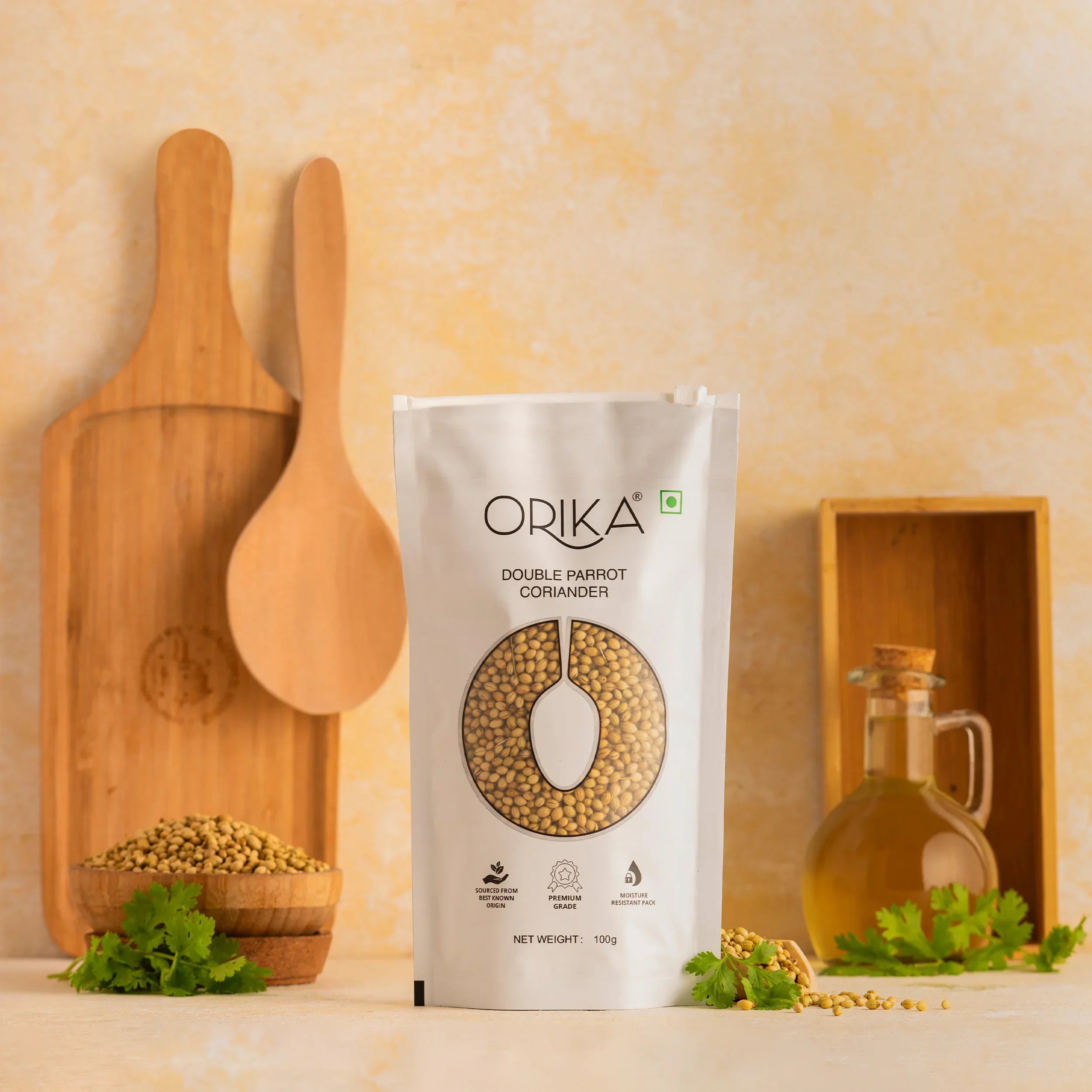 Orika's 'Double Parrot' Coriander Whole, 100g - Orika Spices India