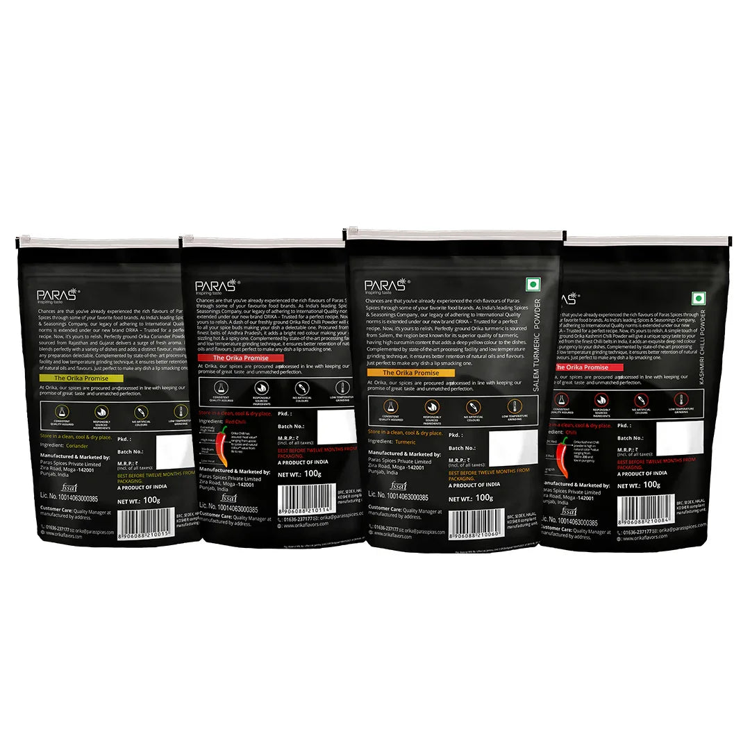 Orika Salem Turmeric, Hot Red Chilli Powder, Kashmiri Red Chilli Powder, Coriander Powder 100 Gm Each - Orika Spices India