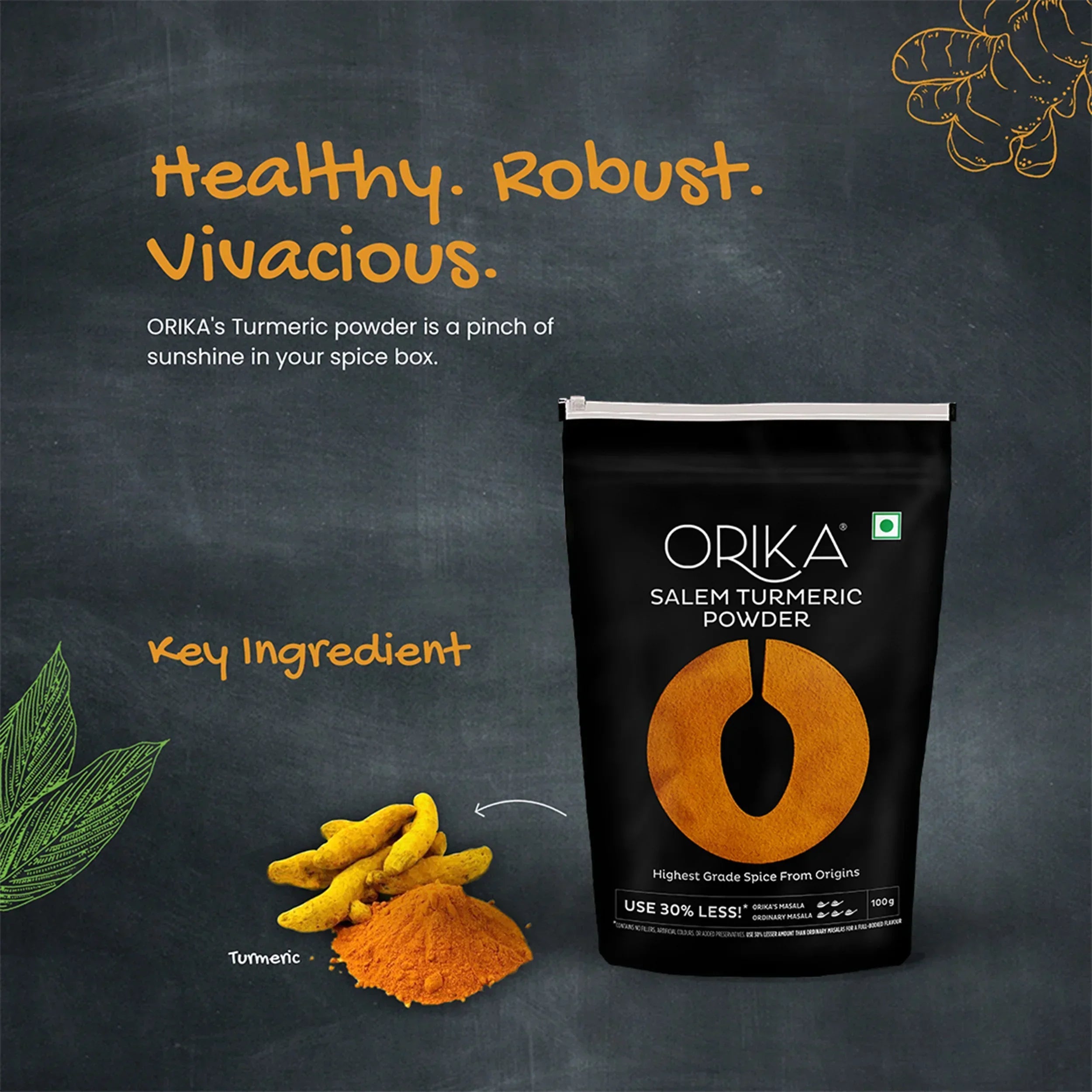 Orika Salem Turmeric, Hot Red Chilli Powder, Kashmiri Red Chilli Powder, Coriander Powder 100 Gm Each - Orika Spices India