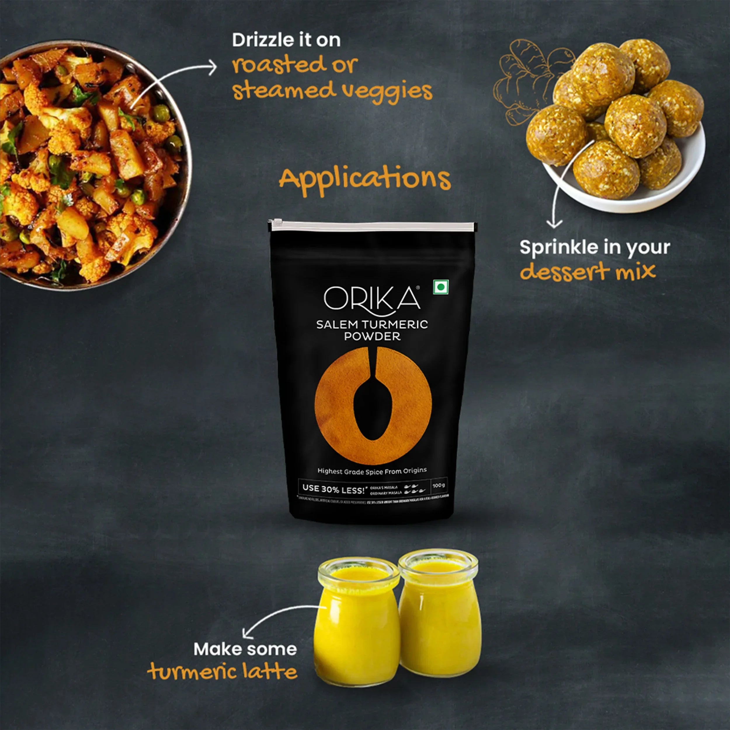 Orika Salem Turmeric, Hot Red Chilli Powder, Kashmiri Red Chilli Powder, Coriander Powder 100 Gm Each - Orika Spices India