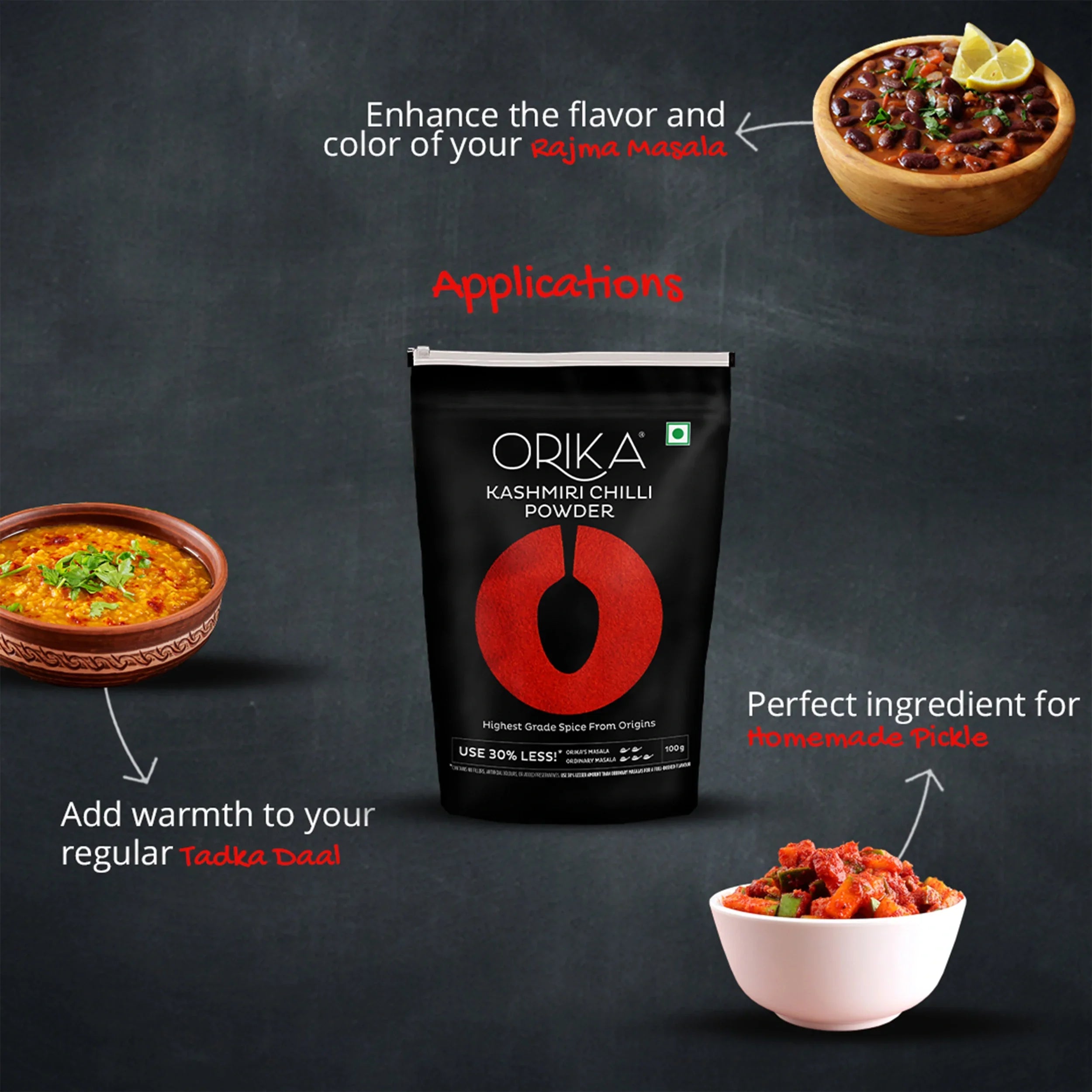 Orika Salem Turmeric, Hot Red Chilli Powder, Kashmiri Red Chilli Powder, Coriander Powder 100 Gm Each - Orika Spices India