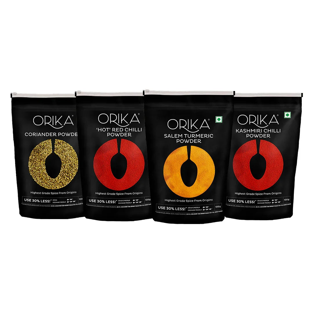 Orika Salem Turmeric, Hot Red Chilli Powder, Kashmiri Red Chilli Powder, Coriander Powder 100 Gm Each - Orika Spices India