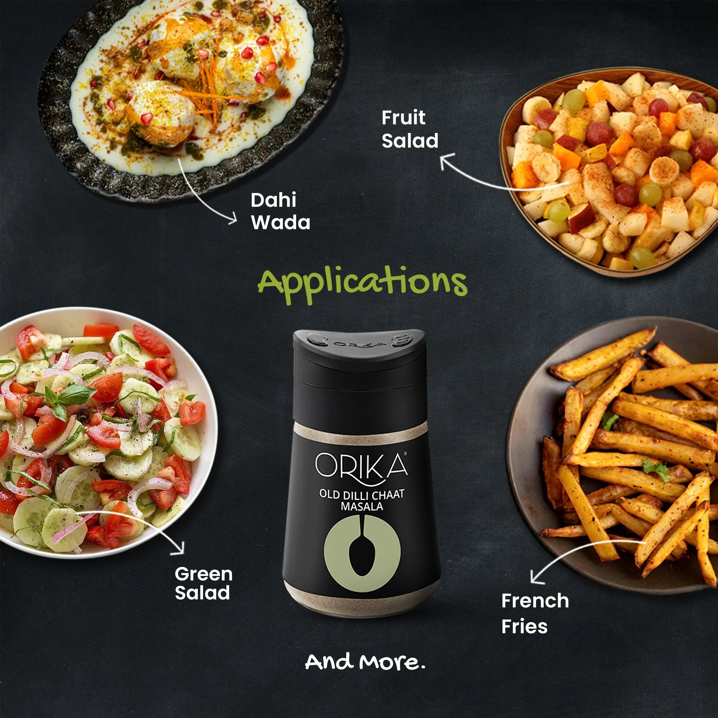 Orika Table Sprinkler Combo, (Italian Seasoning (75g), Red chili flakes (50g), All-purpose Mexican seasoning (80g), Malabar Black Pepper (80g), Old Dilli Chat Masala (90g)) - Orika Spices India