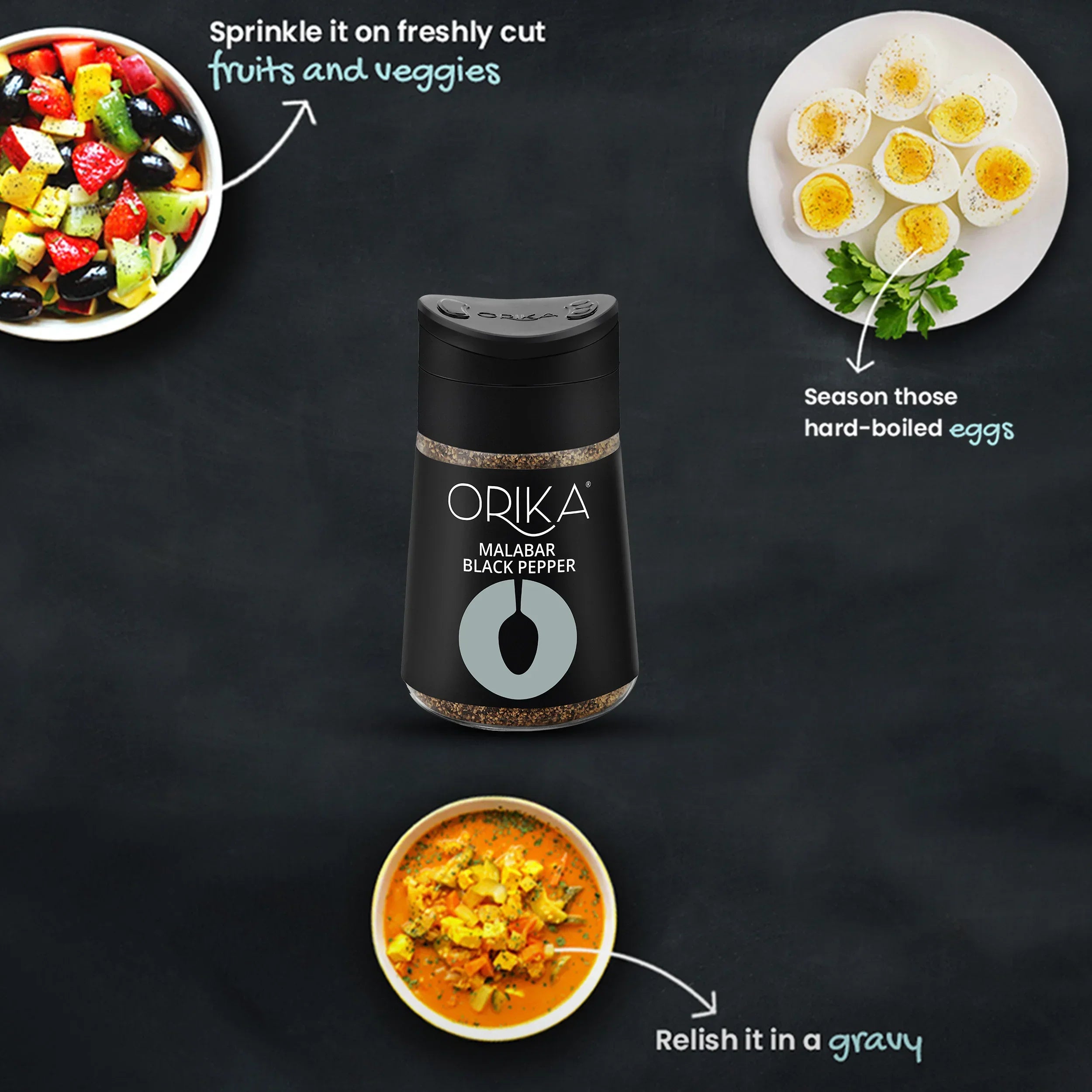 Orika Table Sprinkler Combo, (Italian Seasoning (75g), Red chili flakes (50g), All-purpose Mexican seasoning (80g), Malabar Black Pepper (80g), Old Dilli Chat Masala (90g)) - Orika Spices India