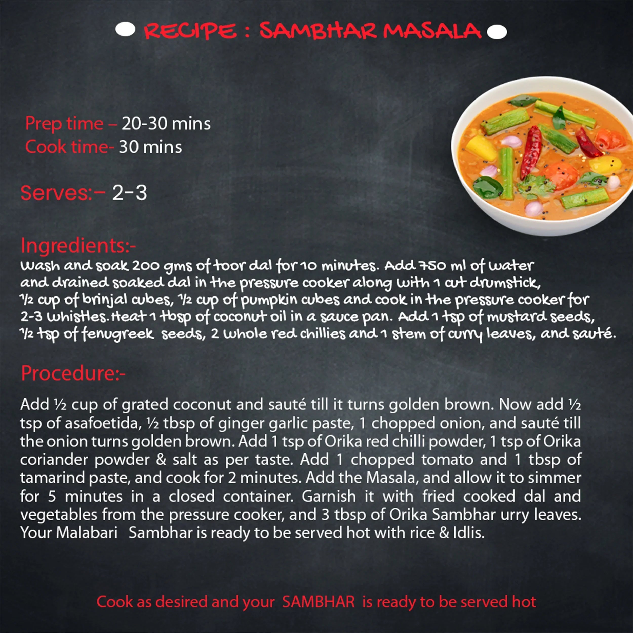 Sambhar Masala, 100gm - Orika Spices India