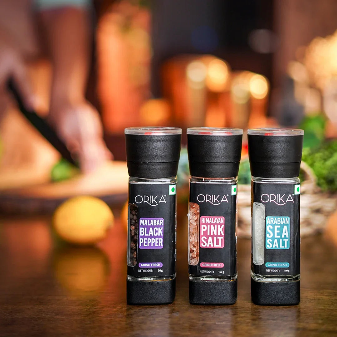 Sea Salt 100g, Pink Salt 100g & Black Pepper 50g,Table Grinder Combo - Orika Spices India