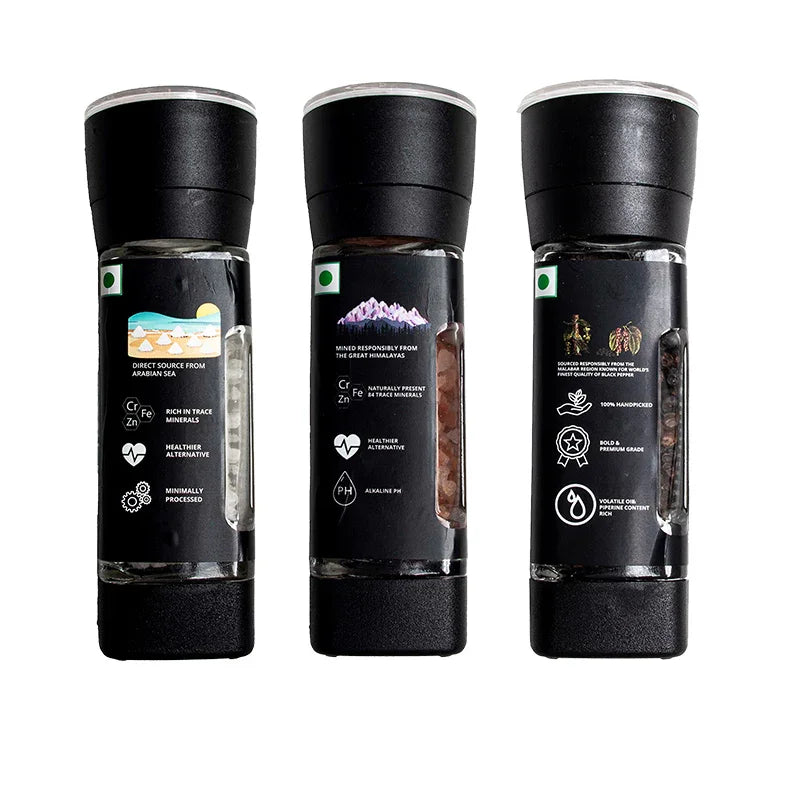 Sea Salt 100g, Pink Salt 100g & Black Pepper 50g,Table Grinder Combo - Orika Spices India