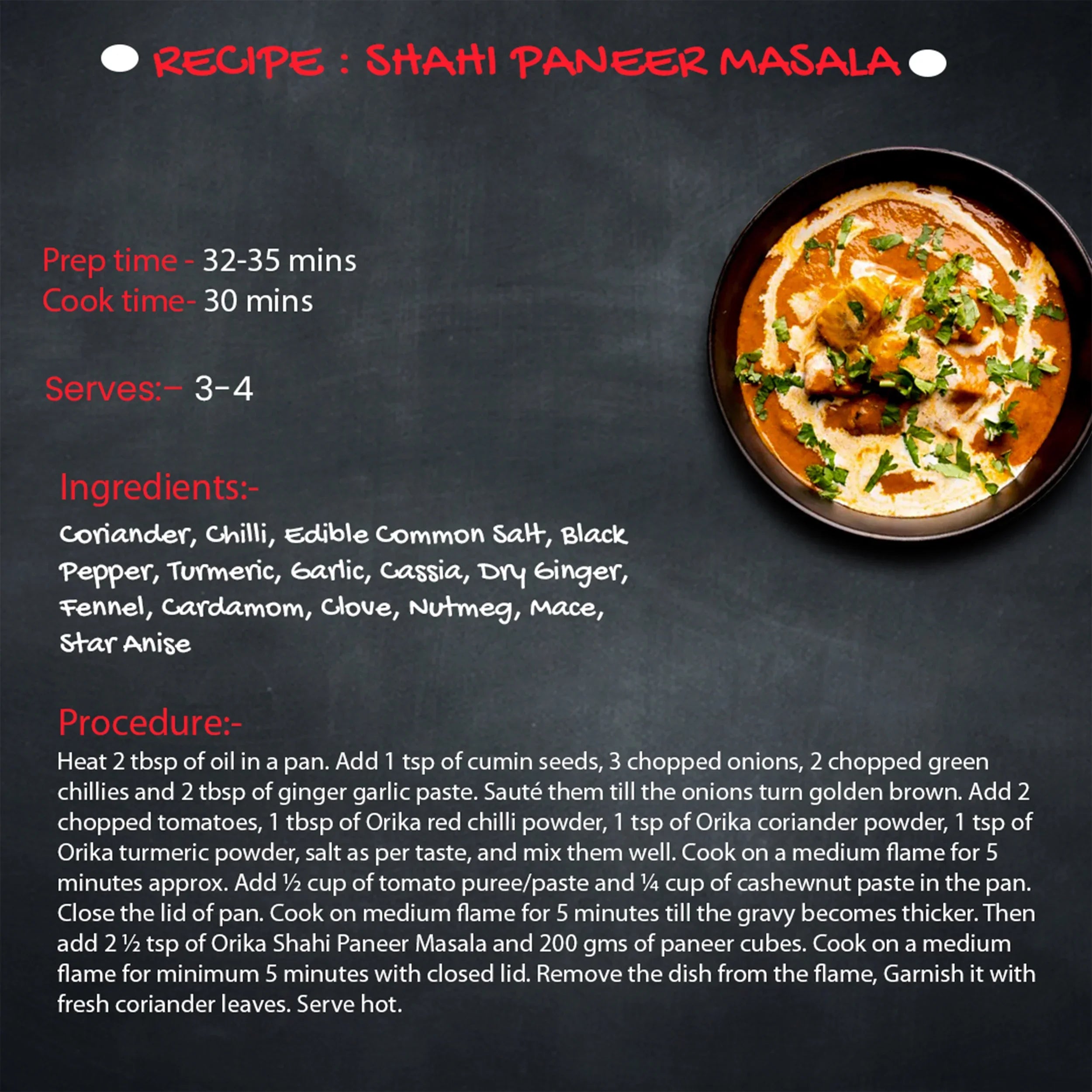 Shahi Paneer Masala, 100gm - Orika Spices India